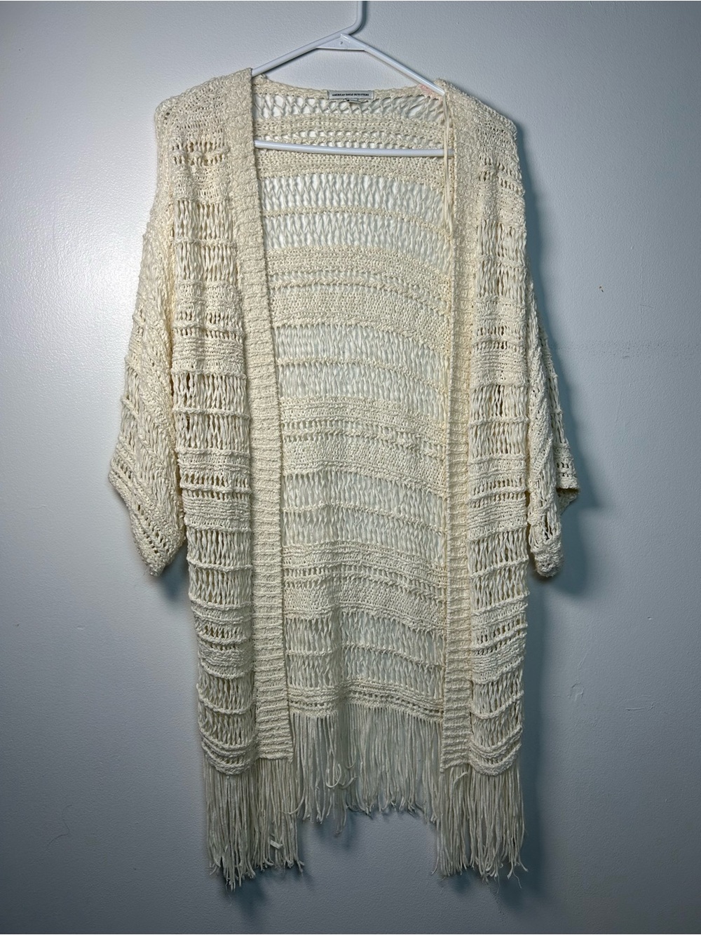 American Eagle Sm Long Open Crochet  Beige Cream Cardigan Kimono Sweater Fringe